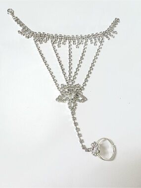 New! Crystal Silver Hand Chain Bracelet with Ring